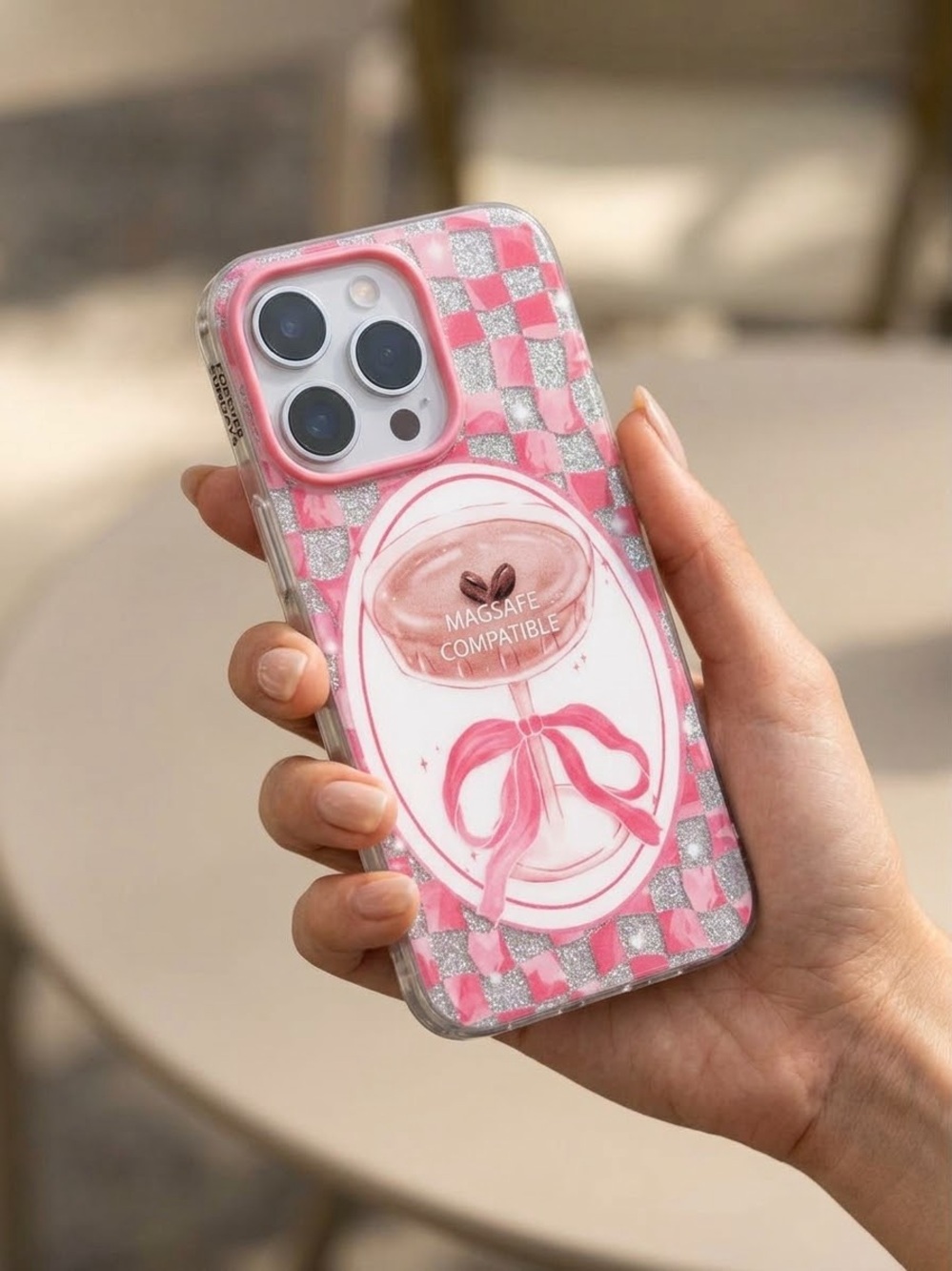 IPhone 15 Pro Max Pink Bow MagSafe Case Checker And Espresso Martini Graphics 🎀